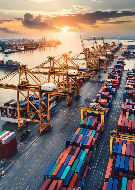 container-ship-is-docked-harbor-sunset container-ship-is-docked-harbor-sunset