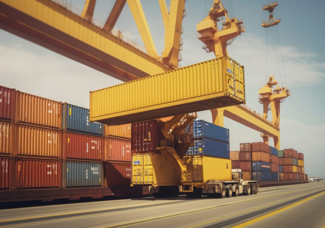huge cargo crane of a harbor loading a yellow container. Ai generative huge cargo crane of a harbor loading a yellow container.
