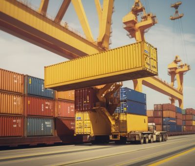 huge cargo crane of a harbor loading a yellow container. Ai generative huge cargo crane of a harbor loading a yellow container.